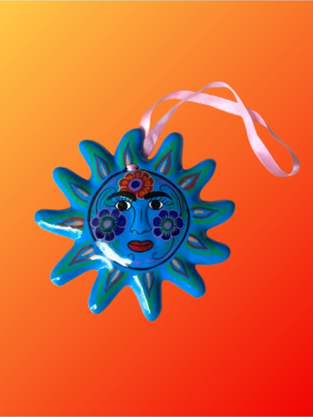Vtg/modern Talavera/Guerroro-style clay pottery glazed sun face boho celestial